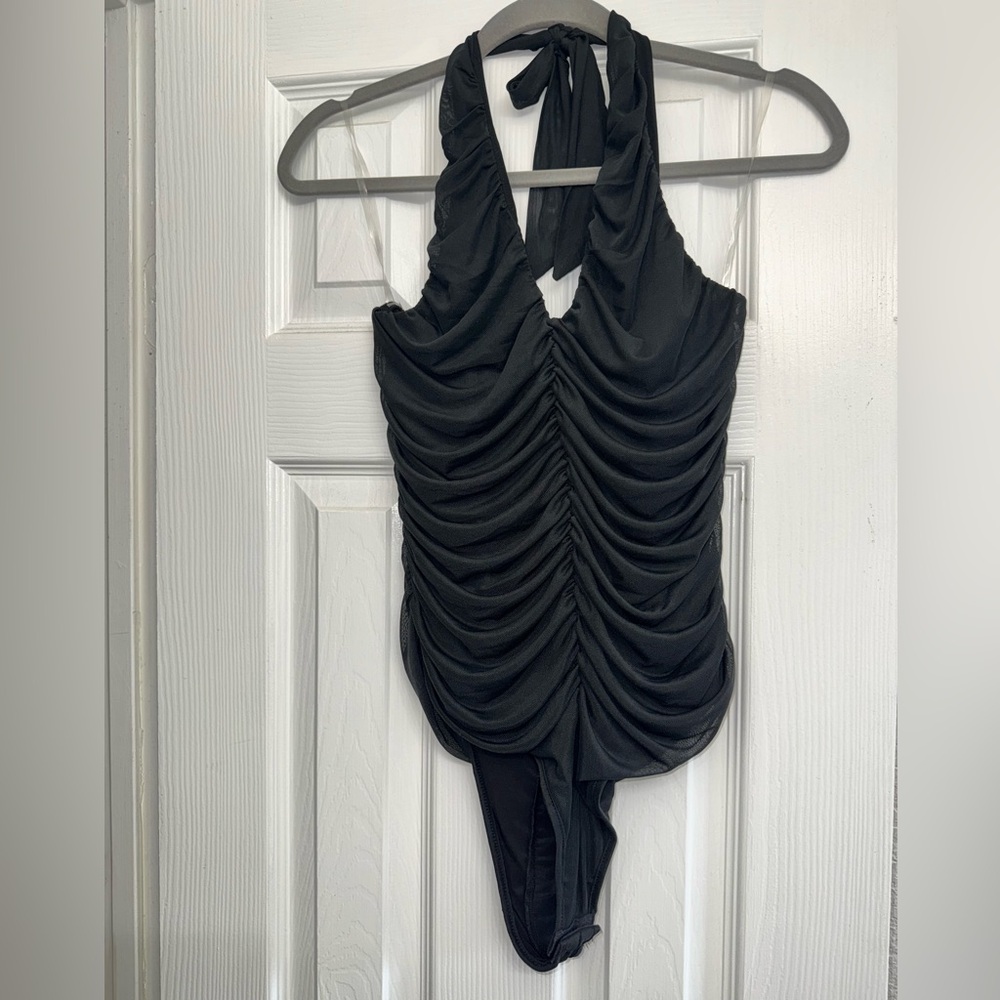 Elegant Black Ruched Bodysuit size Large NWT boutique brand!